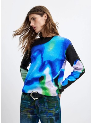 Desigual Mavi Kadın Bisiklet Yaka Regular Fit Baskılı Kazak 26WWJF03