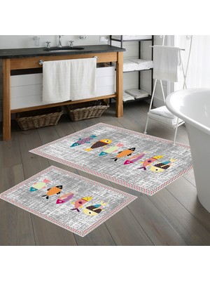 Talia Home Kaymaz Tabanlı Yıkanabilir 2'li Klozet Takımı Gri Renkli Balık Desenli 60x100 ve 50x60 cm