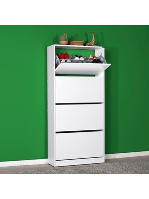 Adore Mobilya Adore Flat Duo 4 Katlı Geniş Ayakkabılık Dolabı Yonga Levha 8 Raflı Estetik Beyaz Renk