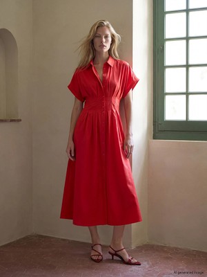 Lc Waikiki Yeni Sezon Kırmızı Pileli Belden Oturtmalı Modal Karışımlı Elbise