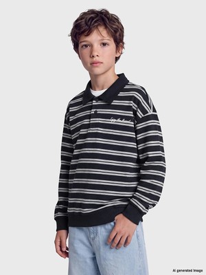 Lc Waikiki Yeni Sezon Lacivert Polo Yaka Çizgili Erkek Çocuk Sweatshirt