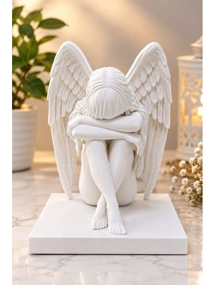 Lagom 3D Melek Heykeli – Kanatlı Diz Çöken Melek Biblo Dekoratif Heykel - 15 cm