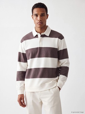 Lc Waikiki Yeni Sezon Bej Polo Yaka Çizgili Erkek Sweatshirt