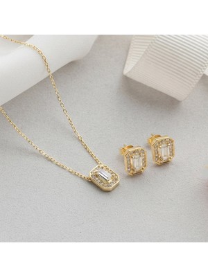 Takı925 925 Ayar Gümüş Gold Baget Zirkon Taşlı Kolye Küpe Seti