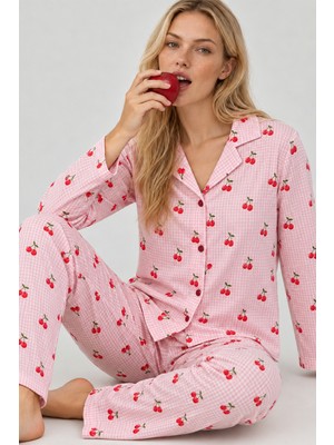 Fit Women Kadın Kiraz Desenli Pötikare Pembe Pijama Takımı 4793