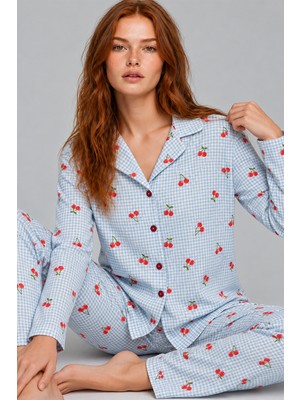 Fit Women Kadın Kiraz Desenli Pötikare Pembe Pijama Takımı 4792