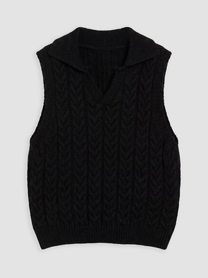 Lc Waikiki Yeni Sezon Siyah Polo Yaka Desenli Kız Çocuk Triko Süveter
