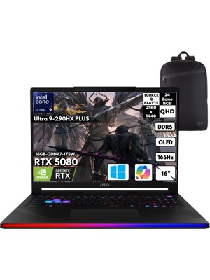 MSI Msı Raider 16 Max Hx Ultra 9-290HX Plus 64-Gbddr5 4 Tbssd RTX5080 (16 GB-GDDR7-175W) 16" Qhd+ Windows 11 Home + Qb Sırt Çantası B2WI-092TRQB6