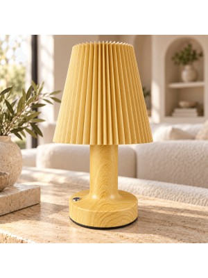 Sleep Nova Sleepnova Şarjlı LED Masa Lambası Ahşap Görünümlü Pileli Abajur 3 Işık Modlu 15X13 cm