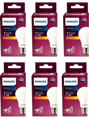 Philips Mycare LED Ampul 8W E27 2700K Sarı Işık 6'lı Paket Enerji Tasarruflu Aydınlatma