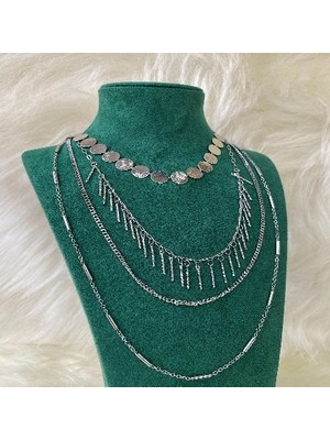 Sizu Accessory Küçük Plaka ve Sallantılı Üçlü Kararmaz Gümüş Renk 2'li Kolye Seti