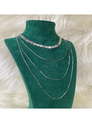 Sizu Accessory Küçük Plaka ve Minimal Üçlü Kararmaz Gümüş Renk 2'li Kolye Seti