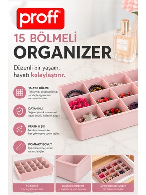 proff 15 Bölmeli Takı Makyaj Çekmece Içi Düzenleyici Kozmetik Aksesuar Organizer 23 cm x 30,5 cm