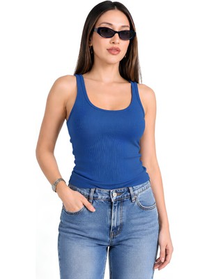 Moviment Mavi Fitted Havuz Yaka Atlet | Kalın Askılı Fitilli Kaşkorse Örme Kumaş | %98 Pamuk %2 Elastan Esnek Vücuda Oturan Basic Atlet