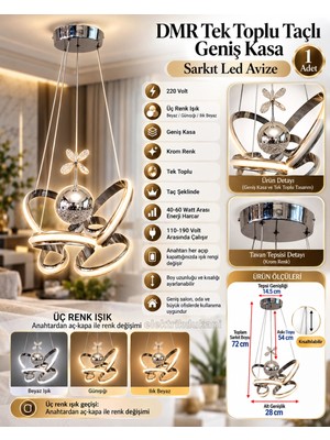 Dmr Tek Toplu Taçlı Geniş Kasa Krom Şerit Sarkıt LED Avize Üç Renk 6500K/4000K/3000K (Beyaz /ılık Beyaz/sarı (Günışığı))