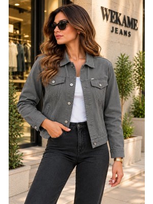 Wkm Kadın Jean Denim Standart Kalıp Cepli Düğmeli Kot Ceket