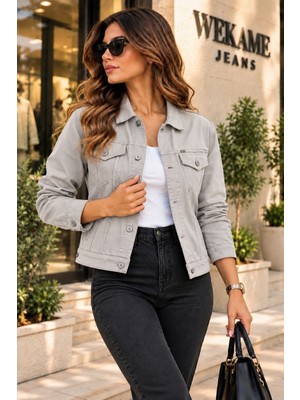 Wkm Kadın Jean Denim Standart Kalıp Cepli Düğmeli Kot Ceket