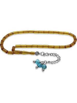 Tesbihane Ateş Kehribar Tesbih - Zirkon Taş Metal Püsküllü - Sarı Renk - Mini Boy - Kesme Kesim