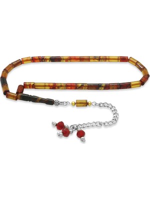 Tesbihane Ateş Kehribar Tesbih - Zirkon Taş Metal Püsküllü - Bala Sarı Renk - Mini Boy - Kesme Kesim