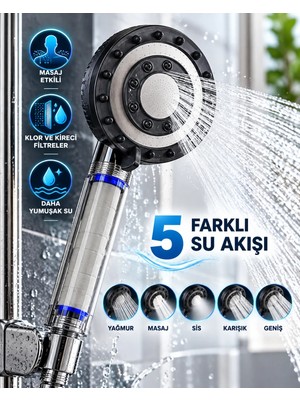 Ruhes Klor ve Kireç Filtreli Duş Başlığı 5 Farklı Su Akışı Masaj Etkili Filtreli Duş Başlığ�