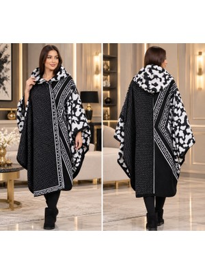 Balis Pijama Kadın Geometrik Petek Desenli Kapüşonlu Triko Panço Sıcak Tutan Şal Hırka Şık Kaliteli Dış Giyim Triko Kaban