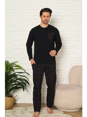 Alimer Erkek Düğmesiz %100 Pamuk Uzun Kol Cepli Pijama Takımı-Ekose Desen Göğüs Cepli Mevsimlik Homewear