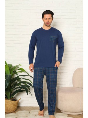 Alimer Erkek Düğmesiz %100 Pamuk Uzun Kol Cepli Pijama Takımı-Ekose Desen Göğüs Cepli Mevsimlik Homewear