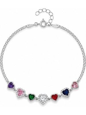 Tesbihane Kadın Gümüş Bileklik - 925 Ayar Gümüş - Kalpli Su Yolu Tasarım - 7 Li Multicolor Zirkon Taşlı