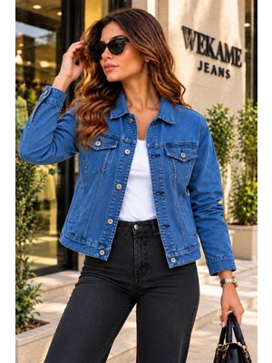 Wkm Kadın Jean Denim Standart Kalıp Cepli Düğmeli Kot Ceket