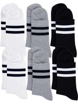 Süper Çorap Unisex Çizgili Bilek Çorap 6'lı | %80 Pamuklu Dikişsiz Burun, Siyah Beyaz Gri Gün