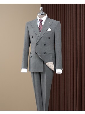 Slim Fit Kruvaze Sivri Yaka Kapak Cep Çizgili Erkek Takım Elbise Gri T20205-04