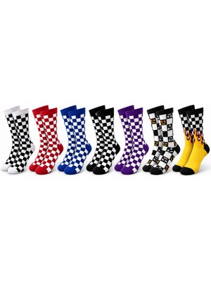 Süper Çorap Unisex Çorap Dama Desenli Renkli 7'li Set Kareli Alev Desen Uzun Soket Günlük Spor
