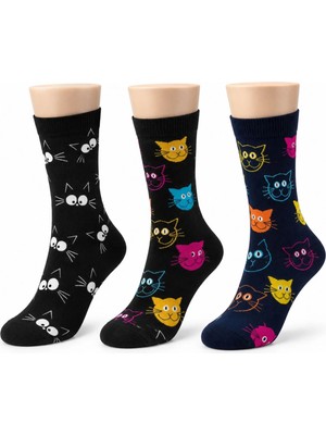 Süper Çorap Unisex Kedi Desenli Çorap 3'lü Set Pamuklu Renkli Uzun Soket Dikişsiz Nefes Alan Ra
