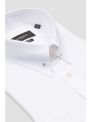 Abbate Pino Saten %100 Pamuk Slim Fit Beyaz Iğneli Yaka Erkek Düz Gömlek