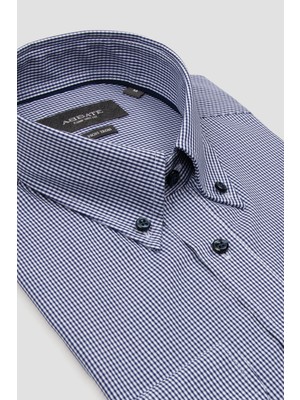 Abbate Matteo Non Iron Poplin %100 Pamuk Comfort Fit Lacivert Düğmeli Yaka Erkek Kareli Gömlek
