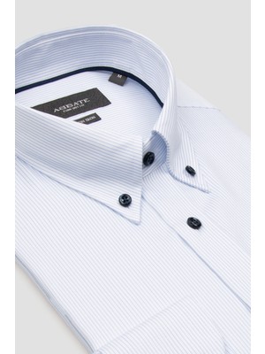 Abbate Matteo Non Iron Twill %100 Pamuk Comfort Fit Beyaz Düğmeli Yaka Erkek Çizgili Gömlek