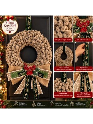 Haneliya El Yapımı Yılbaşı Kapı Süsü – Handmade Dekoratif Christmas Çelenk – Bağlamalı Askılı Yılbaşı Dekoru
