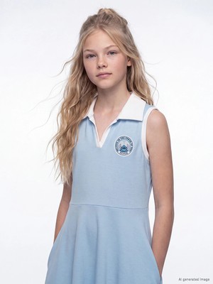 Lc Waikiki Yeni Sezon Mavi Polo Yaka Lilo & Stitch Nakışlı Kız Çocuk Elbise