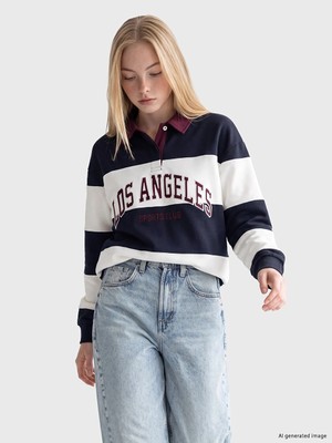 Lc Waikiki Yeni Sezon Lacivert Polo Yaka Nakışlı Oversize Kadın Sweatshirt
