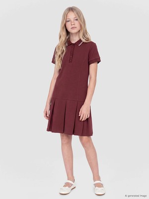 Lc Waikiki Yeni Sezon Bordo Polo Yaka Pilili Kız Çocuk Elbise