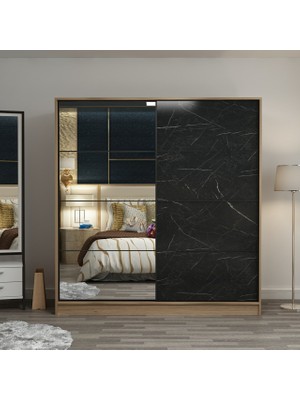 Minar Kale 2 Kapaklı Aynalı Sürgülü Dolap Dore/Royal Mermer Modern Tasarım 180 Cm Sunta Malzeme