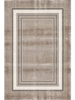 Rugzella Sıcak Greige Modern Minimalist Bordürlü Abraş Desenli Yıkanabilir Halı
