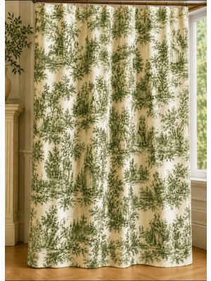 Luxoras Home Fransız Köylü Desenli Yeşil Duck Kumaş Düz Fon Perde Kornişli Vintage Country Perde-Bağcık Hediyeli
