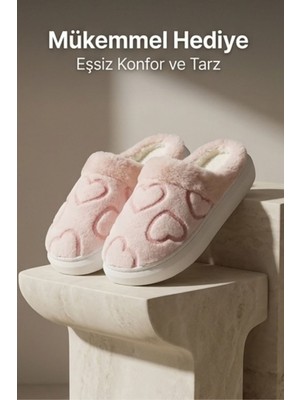 Liarca Unisex Ultra Hafif Yumuşak Peluş Kaymaz Taban Anne Çocuk Misafir Pembe Kalp Desenli Ev Terliği