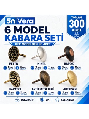 5n Vera 300 Adet Dekoratif Kabara Raptiye Seti 11 mm Petek Nikel Barok Papatya Antik Metal Tekli Antik Sarı Koltuk Mobilya Döşeme Çivisi