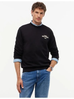 Tommy Hilfiger Erkek Regular Fit Pamuklu Logo Detaylı Bisiklet Yaka Uzun Kollu Siyah Sweatshirt MW0MW44938-BDS