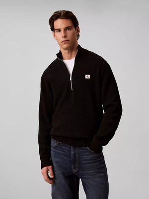 Calvin Klein Erkek Regular Fit Pamuklu Örgü Balıkçı Yaka Yarım Fermuarlı Uzun Kollu Siyah Kazak LV04RH327G-UB1