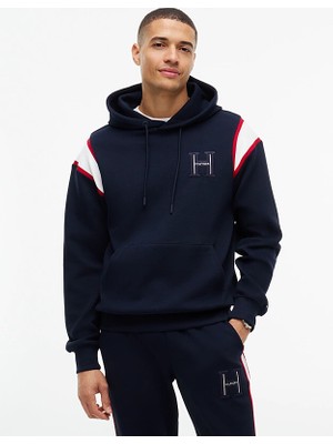 Tommy Hilfiger Erkek Regular Fit Kontrast Şerit Detaylı Logolu Pamuklu Kapüşonlu Uzun Kollu Lacivert Sweatshirt MW0MW44956-DW5