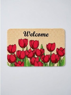Tiritoğlu Home Kırmızı Renkli Gül Desenli Welcome Kıvırcık Paspas