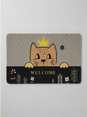 Tiritoğlu Home Kedi Desenli Home Yazılı Kaymaz Kıvırcık Paspas